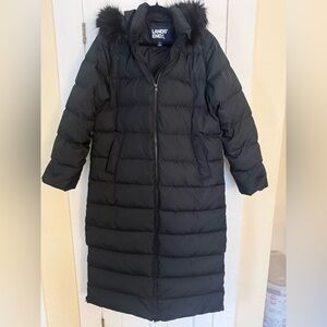 Lands' End Women's Black Long Puffer Coat with Removable Hood